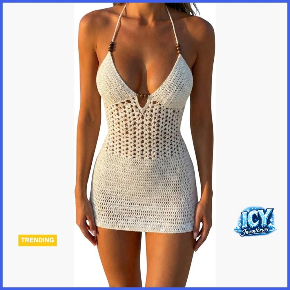 Crochet Halter Mini Dress Beach Cover Up Polyester Blend